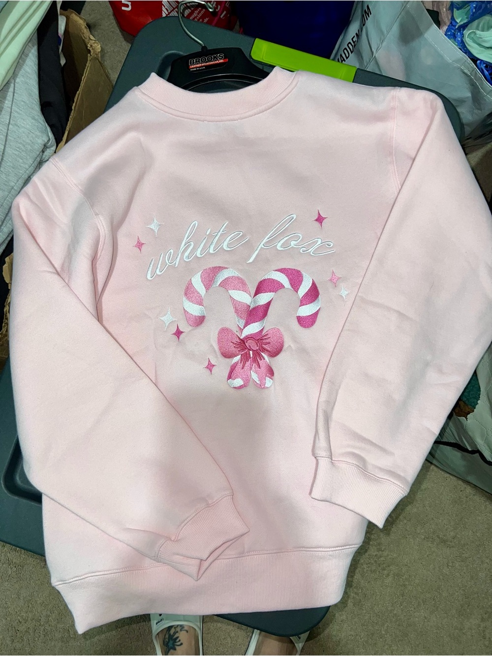 White Fox Boutique Pink Candy Cane Christmas Graphic Crewneck Sweatshirt